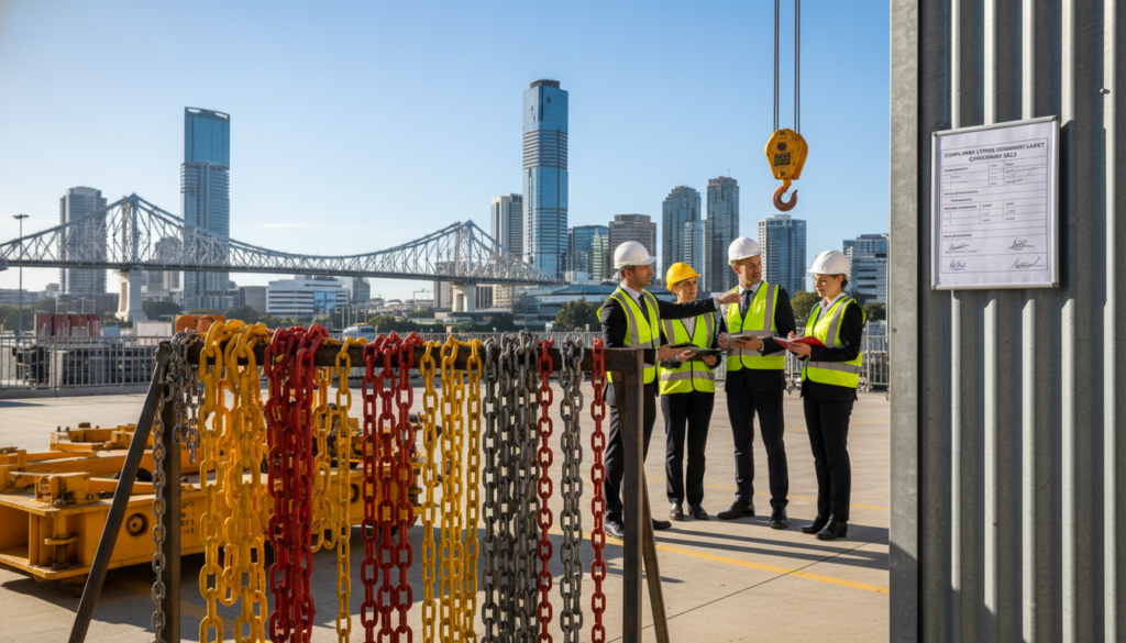 A vibrant construction site in Brisbane showcasing lifting equipment, including cranes, hoists, and chains arranged methodically in the foreground. Highlight a compliant safety checklist pinned on a nearby wall, emphasizing legal requirements with clear detail. In the middle ground, workers in professional business attire conduct inspections on the lifting gear, ensuring everything is up to code, with serious expressions conveying their focus on safety and compliance. The background features iconic Brisbane architecture and blue skies. Utilize bright, natural lighting to illuminate the scene, casting soft shadows that add depth. The atmosphere should communicate diligence and professionalism, evoking a sense of responsibility in the construction industry.