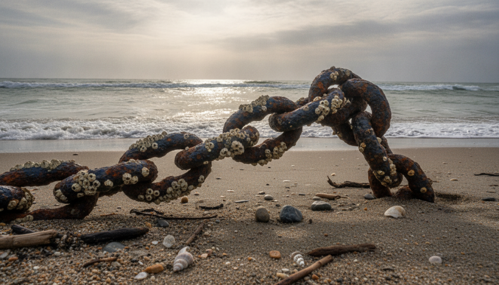 A close-up view of marine corrosion on coastal hardware, specifically focusing on a rusty, aged Atlas Chains anchor partially submerged in the sand. In the foreground, details of corroded metal surfaces show flaking paint, rust bloom, and barnacles clinging to the chains, emphasizing the harsh effects of marine conditions. In the middle ground, waves gently lap at the shore, with scattered marine debris like driftwood and seashells. The background showcases a cloudy sky with hints of sunlight breaking through, creating a moody and dramatic atmosphere. The lighting highlights the textures of rust and is slightly diffused to add depth. The overall composition conveys the importance of durable marine-grade hardware in coastal environments.