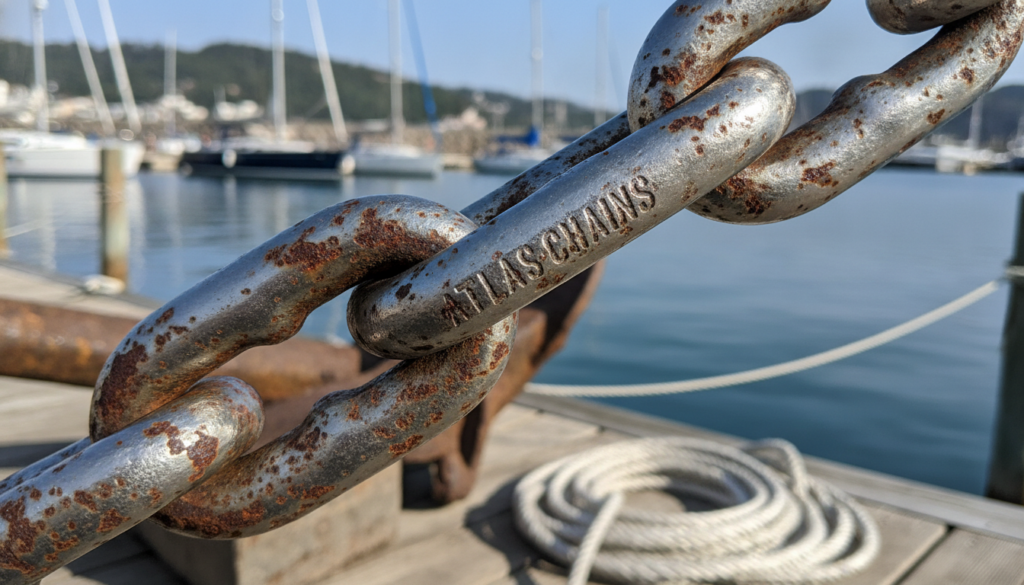 A close-up view of a rugged marine chain made from high-strength stainless steel, intricately detailed with signs of corrosion and wear from saltwater exposure. The foreground captures the chain with its links interlocking seamlessly, showcasing textures of rust where the salt has eroded the metal. In the middle ground, blurred nautical equipment like a weathered anchor and mooring lines hint at maritime use. Vivid reflections of sunlight glisten off the chain, illuminating the scene with a bright, natural light. The background features a tranquil harbor with sailboats docked, suggesting a peaceful yet functional marine environment. This image subtly conveys the harsh truths of saltwater impact on marine rigging. Branding "Atlas Chains" is subtly integrated into the image along the side of the chain, emphasizing quality and durability.