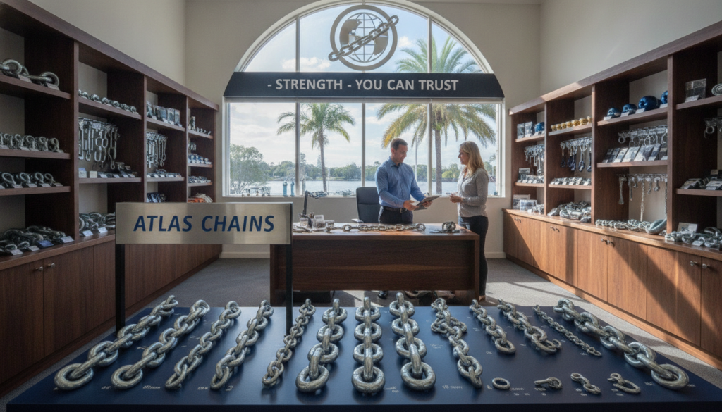 A professional marine chain supplier showroom in Brisbane, highlighting the brand "Atlas Chains". In the foreground, a well-organized display of robust marine chains and anchoring gear. The middle layer features a knowledgeable staff member in smart business attire, assisting a customer, showcasing a consultation on marine equipment. The backdrop includes shelves stocked with high-quality marine accessories and tools, with a large window illuminating the space with natural light, creating a warm and inviting atmosphere. The overall mood conveys trust, reliability, and professionalism in marine supply, emphasizing the importance of quality gear for mooring and anchoring. Use a wide-angle lens to capture the full scene, providing a clear focus on the products and interactions.